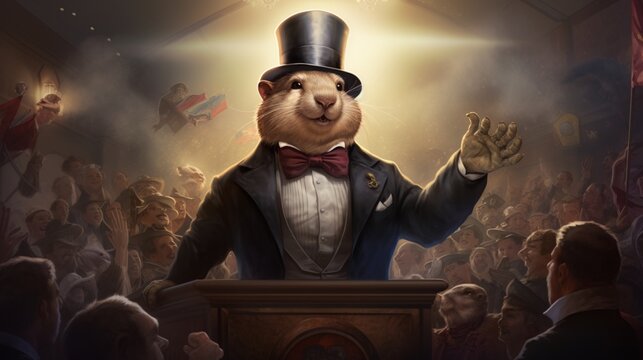 Groundhog wearing top hat standing on stage picture