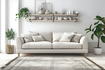 white living room with a sofa and wall shelves Generative AI