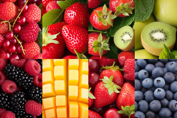 fruits and vegetables. Collection of fruits and vegetables fruit collage background with berries and grapes. Variety of fruit arranged in squares. Assorted berries products collage divided by vertical