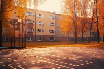 School building and schoolyard with playground during evening in autumn. Selective focus on hopscotch. Back to school educational concept. Generative AI - obrazy, fototapety, plakaty