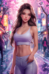 A young modern Asian girl, in a fashionable suit, against the backdrop of a modern city. Color illustration