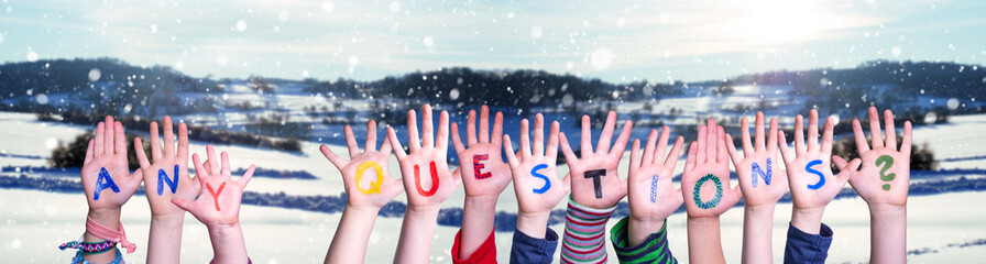 Children Hands Building Word Any Questions, Winter Background