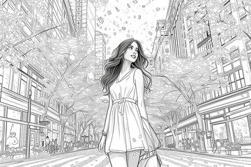 A girl with a bag walks through a big city. Illustration for a coloring book.