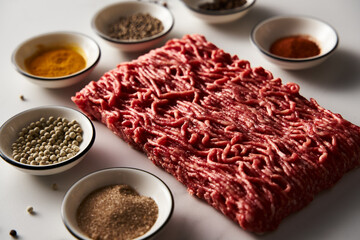 Raw and Fresh Minced Beef on white marble background with spices for cooking. Minimalistic food photo, high-key.