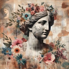 Halftone vintage girl retro collage with flowers women's Day poster