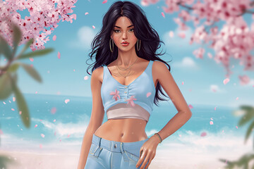 A young beautiful girl in an open swimsuit posing against the backdrop of a sea view. There are flowers in the background. Beautiful color illustration