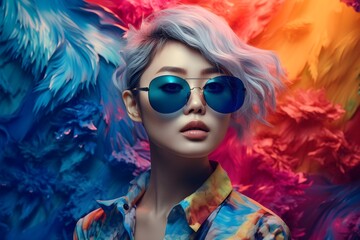 fashion portrait of beautiful woman in futuristic sunglasses looking forward, amazing mixed multicolor background - obrazy, fototapety, plakaty