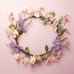 spring composition. A circle of buds and white blossoming apple flowers on a beige light pastel background. Flat lay, top view, copy space