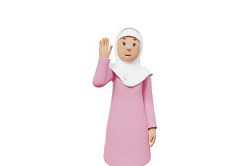 3d illustration of muslim woman greeting with white shirt and transparent background