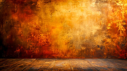 Warm golden abstract painting on dark wood floor, artistic backdrop
