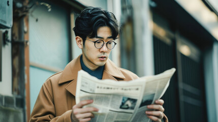 Urban Professional Reading Newspaper on Busy Street