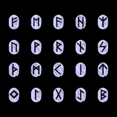 Complete runic alphabet. Stones to predict the future on black background