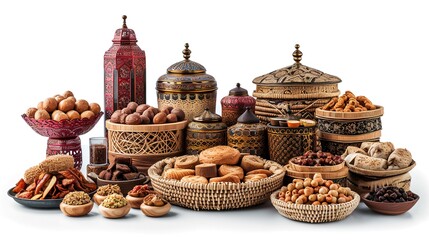 Spices and nuts in wicker baskets isolated on white background.