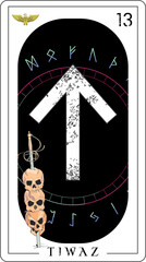 Viking tarot card with runic alphabet. Runic letter called Tiwaz with skulls