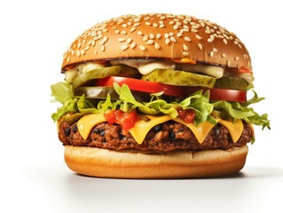 Delicious cheeseburger with fresh toppings on a sesame seed bun