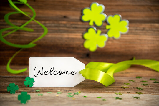Saint Patrick's Day Decoration, Label With English Text Welcome