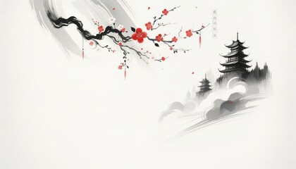 Obraz premium Elegant Asian-Inspired Cherry Blossom Artwork, Tranquil Decor Concept