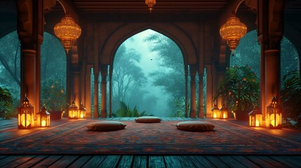 3D rendering of a fantasy garden with a wooden floor and stone floor