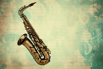 Brass saxophone background with an abstract vintage distressed texture which is a musical wind instrument used in blues, rock, jazz and classical music, stock illustration image - obrazy, fototapety, plakaty