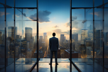 An empowered, successful businessman gazes confidently from his office skyscraper window, looking at the cityscape embodying ambition and corporate triumph, stock photo image - obrazy, fototapety, plakaty