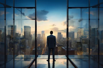 Foto op Plexiglas An empowered, successful businessman gazes confidently from his office skyscraper window, looking at the cityscape embodying ambition and corporate triumph, stock photo image © Tony Baggett