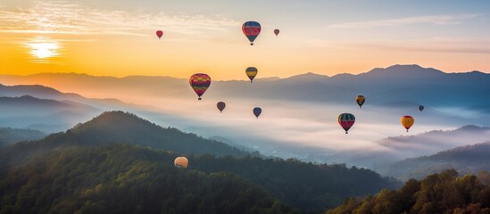 Colorful hot air balloons fly over the mountain fog