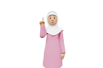 3d illustration of muslim woman greeting with white shirt and transparent background