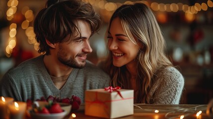 A joyful couple shares a romantic moment over a candlelit table, with a gift box and strawberries, surrounded by twinkling lights.