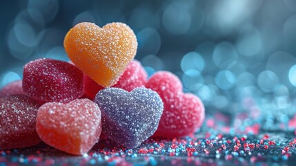 Colorful heart shaped candies dusted with sugar sparkle against a dreamy blue bokeh background, evoking sweet Valentine's Day sentiments.