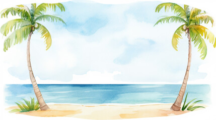 Beautiful beach landscape with hammock hanging between two palm trees cartoon drawing, AI Generated