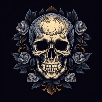 Human head skull tattoo with followers picture black background 