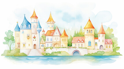 Obraz na płótnie Canvas Whimsical Disney-like castle surrounded by charming European village cartoon drawing, Water color style, AI Generated