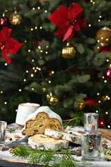 Christmas stollen on Christmas background, cupcake on New Year's background 