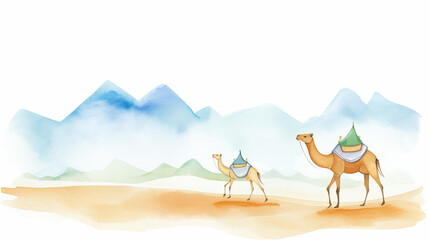 Camel ride on sandy dunes of Sahara desert cartoon drawing, Water color style, AI Generated