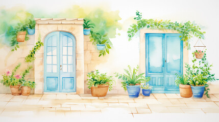 Fototapeta na wymiar Colorful doorways and windows in Mediterranean village cartoon drawing, AI Generated