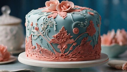 Showcase the intricate details and textures of fondant on a cake, whether it's a sculpted masterpiece or a cake adorned with elegant patterns.

 - Generative AI