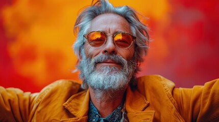 Stylish senior man with a silver beard and orange sunglasses, radiating happiness and coolness against a fiery red backdrop.