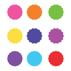set of Different starburst, sunburst badges, shapes in 9 color, unburst badges. Vintage labels. Starburst sale sticker. Different starburst, Colored stickers. Sunburst price tags.
