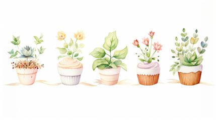 Herbs and cakes, Cartoon drawing, Water color style, AI Generated - obrazy, fototapety, plakaty