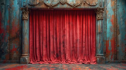 Opulent red velvet curtains framed by distressed classical columns, creating a dramatic vintage theater stage setting.