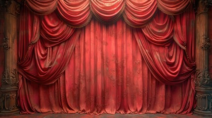 Elegant red velvet theater curtains with luxurious draping and tassels, set against ornate carved wooden columns.