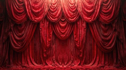 Symmetrical red velvet curtains with ornate swags and tassels create a luxurious, dramatic backdrop for theatrical stages.
