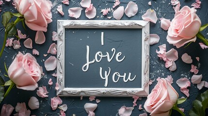 Vintage Polaroid Frame with " I Love You" Handwritten in Script, Valentine’s Day, pastel background, Flat lay, top view, with copy space