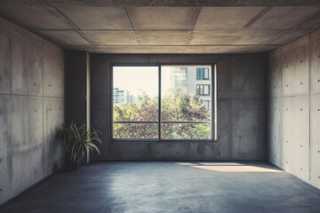 Modern Apartment Interior with Concrete Walls, Large Window and Mountain View
