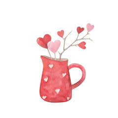 Valentines card with hearts. Watercolor composition, hand drawn isolated illustration on white background