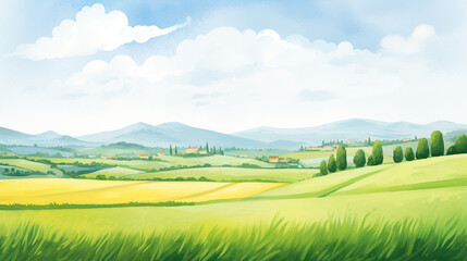 Lush green fields of Tuscan countryside in Italy cartoon drawing, AI Generated