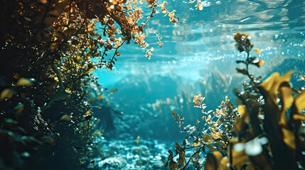 Fototapeta na wymiar Underwater view of a vibrant sea coral reef teeming with marine life. Ocean ecosystem