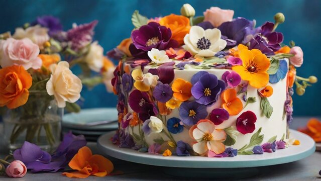 Create an image that highlights the delicate beauty of edible flowers adorning a cake, showcasing their colors, shapes, and placement.

 - Generative AI
