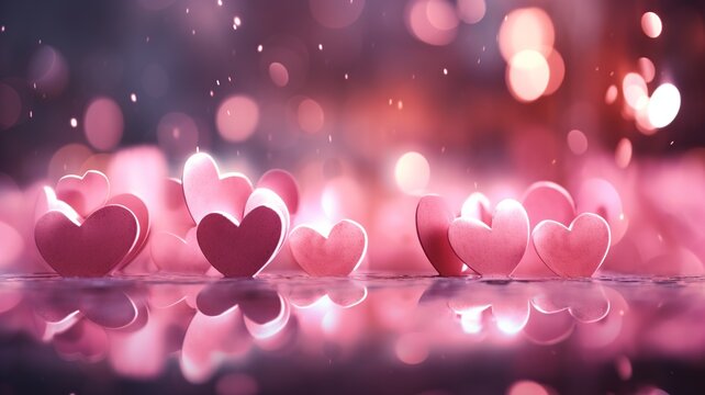 Women’s Day Pink Background with Decorations - Pink hearts - bokeh lights
