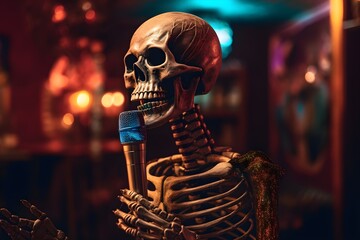 anthropomorphic skeleton with clothes, doing karaoke - obrazy, fototapety, plakaty